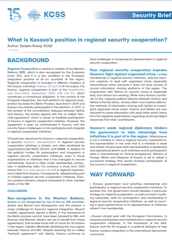 What is Kosovo’s position in regional security cooperation?