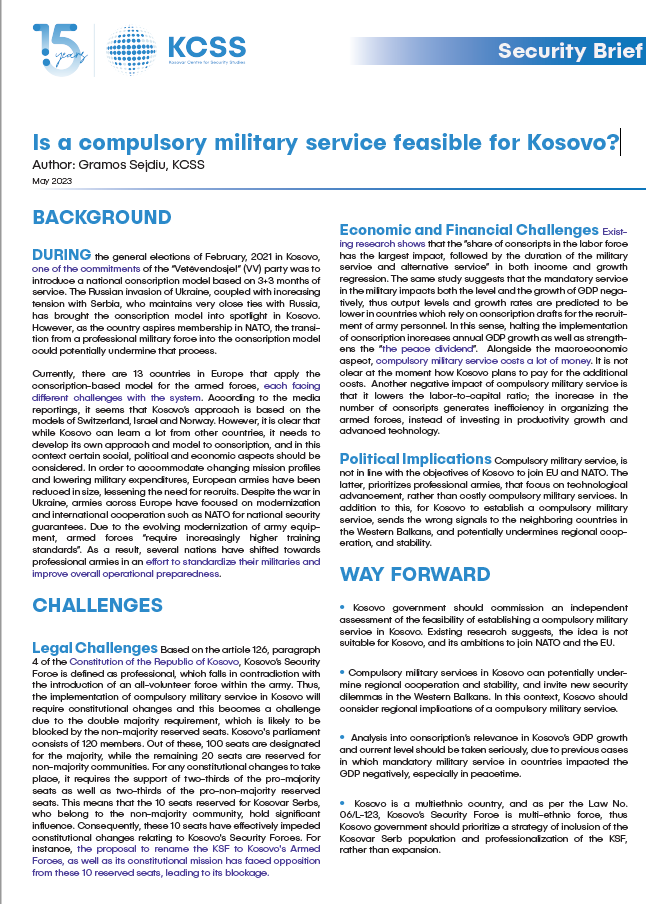 Is a compulsory military service feasible for Kosovo?
